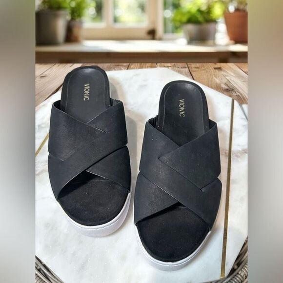 VIONIC Splendid Lou Black Leather Suede Slide Sandals Size 8 EU 39 - Picture 7 of 12